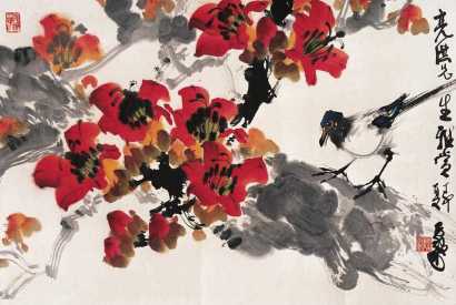 陈子毅 丁卯（1987年）作 红棉小鸟 镜心